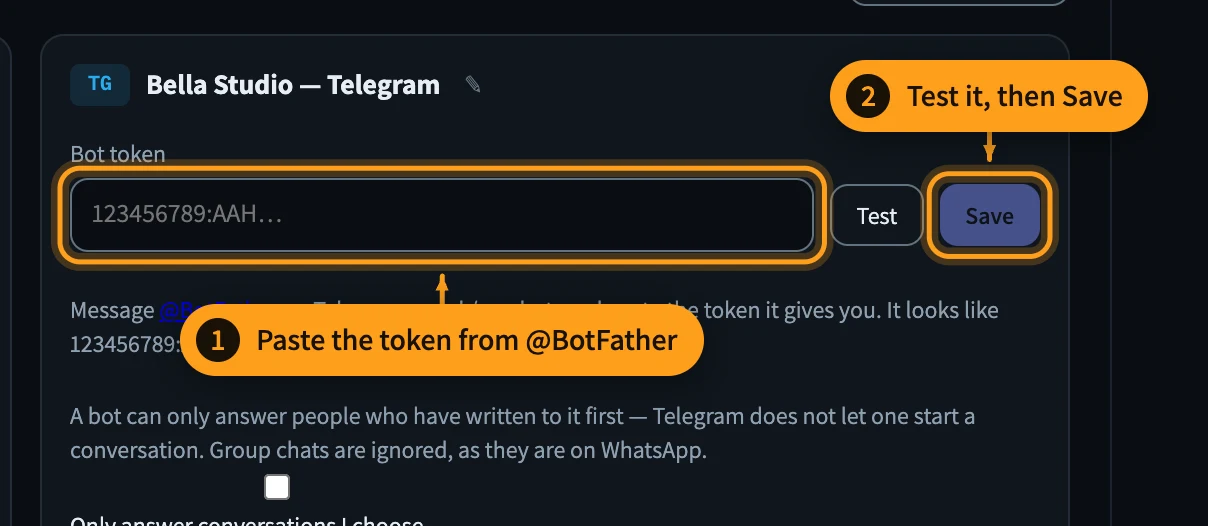 Connect a Telegram bot — step 5 of 16